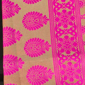 PinkGolden Silk Ethnic Shawl+FreeRajhasthani Potli