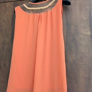 Cute Coral Top With Net Self Design Neck