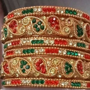 Beautiful Golden And Red Green Bangles Set ❤️