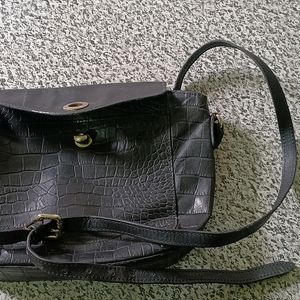 Black Textured Leather Sling Bag