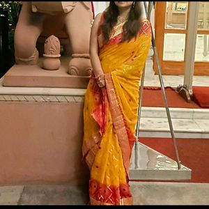 Yellow And Red Bandhani Festive Saree