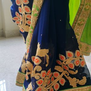 Party Wear Saree Combination Of Green & Navy Blue