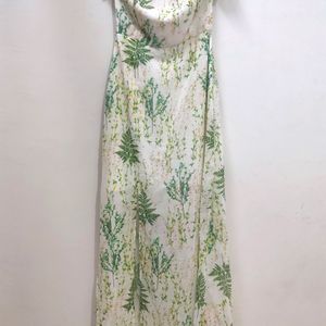 Off White And Green Tropical Printed Dress