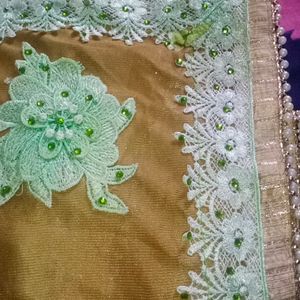 Green Chiffon Saree Pearl  With Stiched Blouse