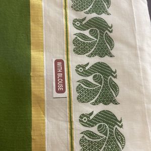 Handloom Saree Golden Kasavu. Blouse Attached