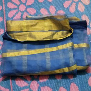 Blue Saree With Golden lines