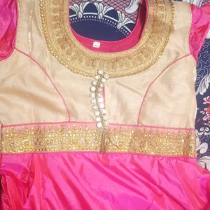 Pink Anarkali With Long Ghera And Golden Duppata