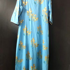 Sky Blue Long Kurta With Shirt Collar, Front Slit