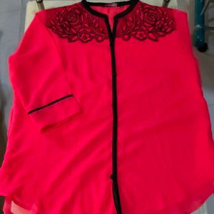 Coralred Shirt Type Top with Black Embelishments