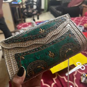 Vintage  Metal Box Clutch With Stone Work