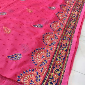 Beautiful Work Pink Saree Broad Blue Border 💙