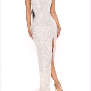 Fashion Nova Tall Family Affair Silver Sequin Gown