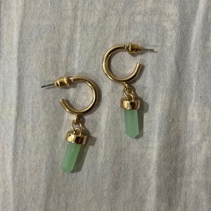 Golden Hoop Earrings With Green Stone