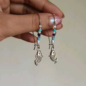 Blue Beaded Fish Earrings