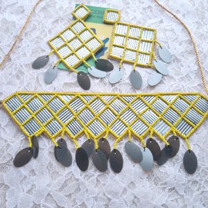 129. Grey N Yellow Beaded Necklace Set