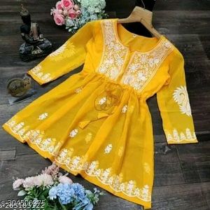 Yellow New Short Chickenkari Kurti