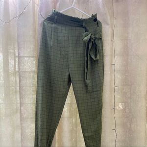 Green Checked Tie Wrap Loose Pants