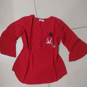 ABright Red Top With Cute Hand Work In Pure Cotton