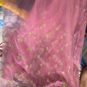 Pink Net Saree With Padded Navy Blue Blouse