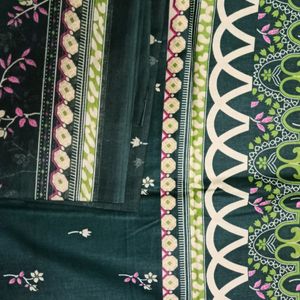 Bottle Green Print Cotton Pakistani Dress