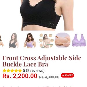 Black Front Cross Adjustable Side Buckle Lace Bra