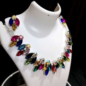 Glass Stone Necklace With Earring Multicolor