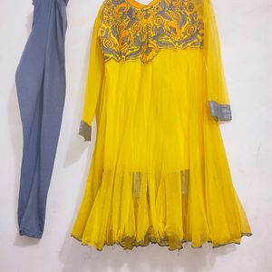 yellow net frock with rayon legging