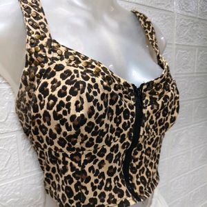 Zipper Corset Crop Top with Cheetah Print