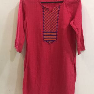 Pink Embroidered Long Sleeve Kurti