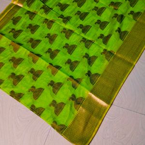 Green Colour Cotton Blend Pattu Border Saree