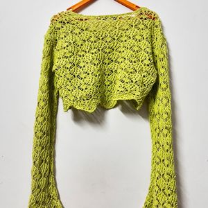 Neon Green Crochet Flared Sleeve Top