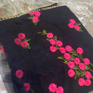 Black Floral Net Saree