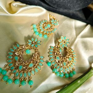 Ethnic Mint Light Green Earrings With Mangtika