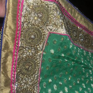 Parrot Green With Pink Embroidery Saree