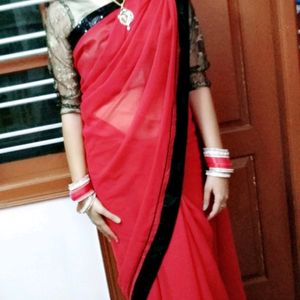 Elegant Red Saree With Sequin Border