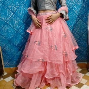 Net+Banarasi Lehnga Choli With Dupatta