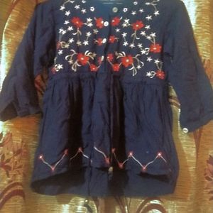 Casual Bell Sleeves Embroidered Navy Blue Top