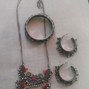 Oxidised Necklace, Earrings With Bangle