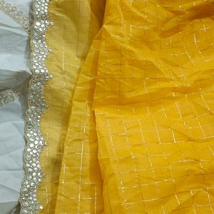 Yellow And Silver Saree With Blouse