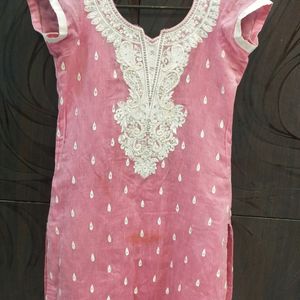 Deep Back Neck Embroidered  Chanderi Kurti