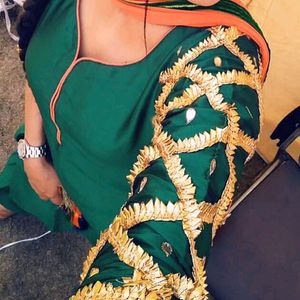 Pure Silk Bottle Green Gotta Patti Patiala Suit 💚