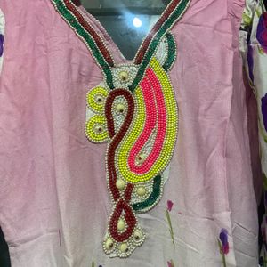 Pink  Printed Cotton Suit With Patch On Neck