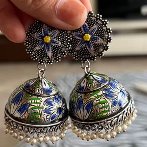 Hand Painted Blue Meenakari Big Jhumka