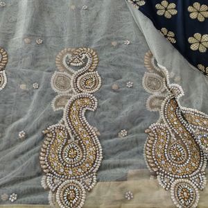 Grey And Cream Embroidery Printed Saree (Women's)