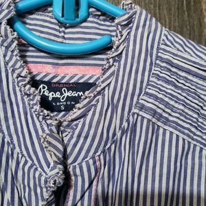 Blue Striped Chinese Collared Shirt For Women