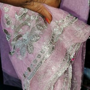 Baby Pink Silver Work Net Saree Light Weight