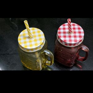 Set of 2 Mason Jar Glass Cups with Straws & Lids