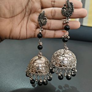 Lightweight German Silver Jhumkies With Black Bead