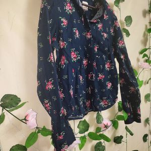 Floral Print Navy Blue Shirt For Office Wear.