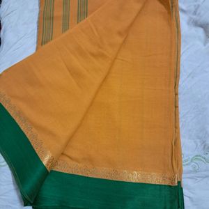 Orange Beautiful Saree - Golden Print Green Strip